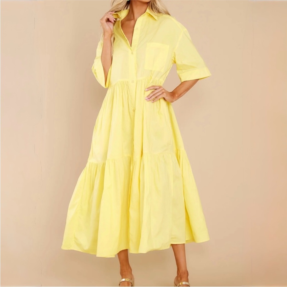 Mable Yellow Tiered Ruffle Midi Dress Shirtdress Button Front Size L - Picture 2 of 9